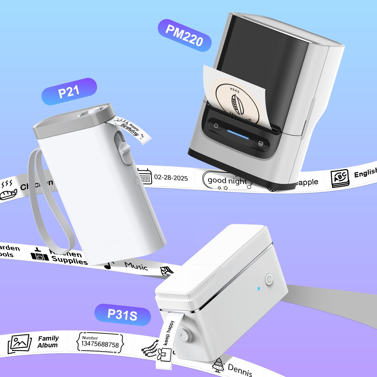Mini Label Printer Self-Adhesive Labels, Portable Label Printer, P31S&P21&PM220 Combination of Different Designs, No Ink or Toner Required, Wireless Connectivity, For iOS and Android, For Home, Office and School, For Storage
