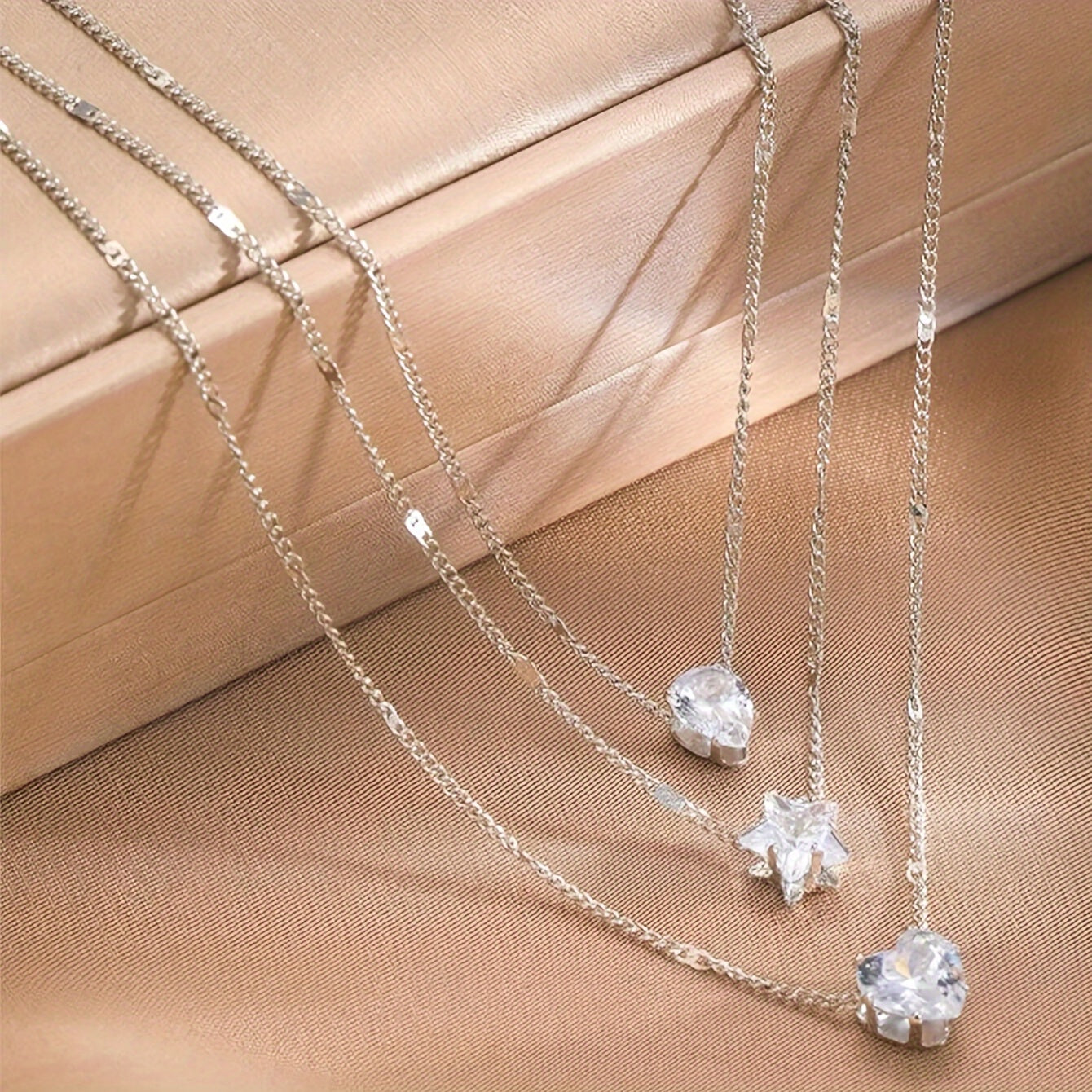Elegant Multi-Layer Necklace Set for Women, Heart, Star & Teardrop Pendants, Rhinestone Embellished, Iron Chain, Versatile for Daily & Party Wear, All-Season Accessory