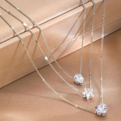 Elegant Multi-Layer Necklace Set for Women, Heart, Star & Teardrop Pendants, Rhinestone Embellished, Iron Chain, Versatile for Daily & Party Wear, All-Season Accessory
