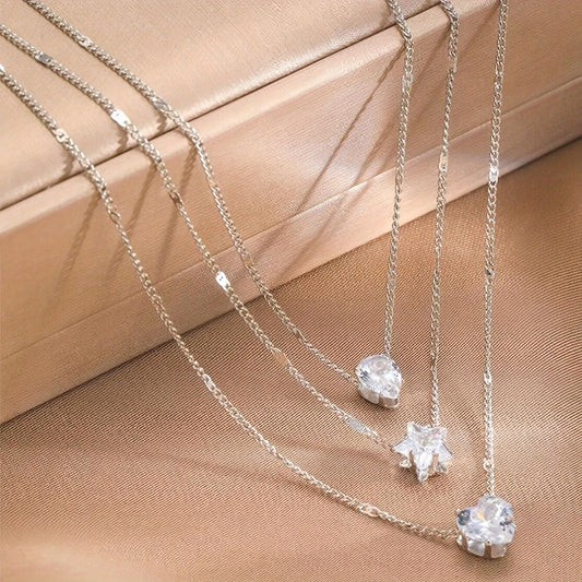 Elegant Multi-Layer Necklace Set for Women, Heart, Star & Teardrop Pendants, Rhinestone Embellished, Iron Chain, Versatile for Daily & Party Wear, All-Season Accessory