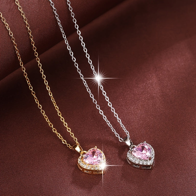 Sweet And Cool Heart Design Necklace with Heart-Shaped Synthetic Zirconia, Perfect for a Lovely Girl.