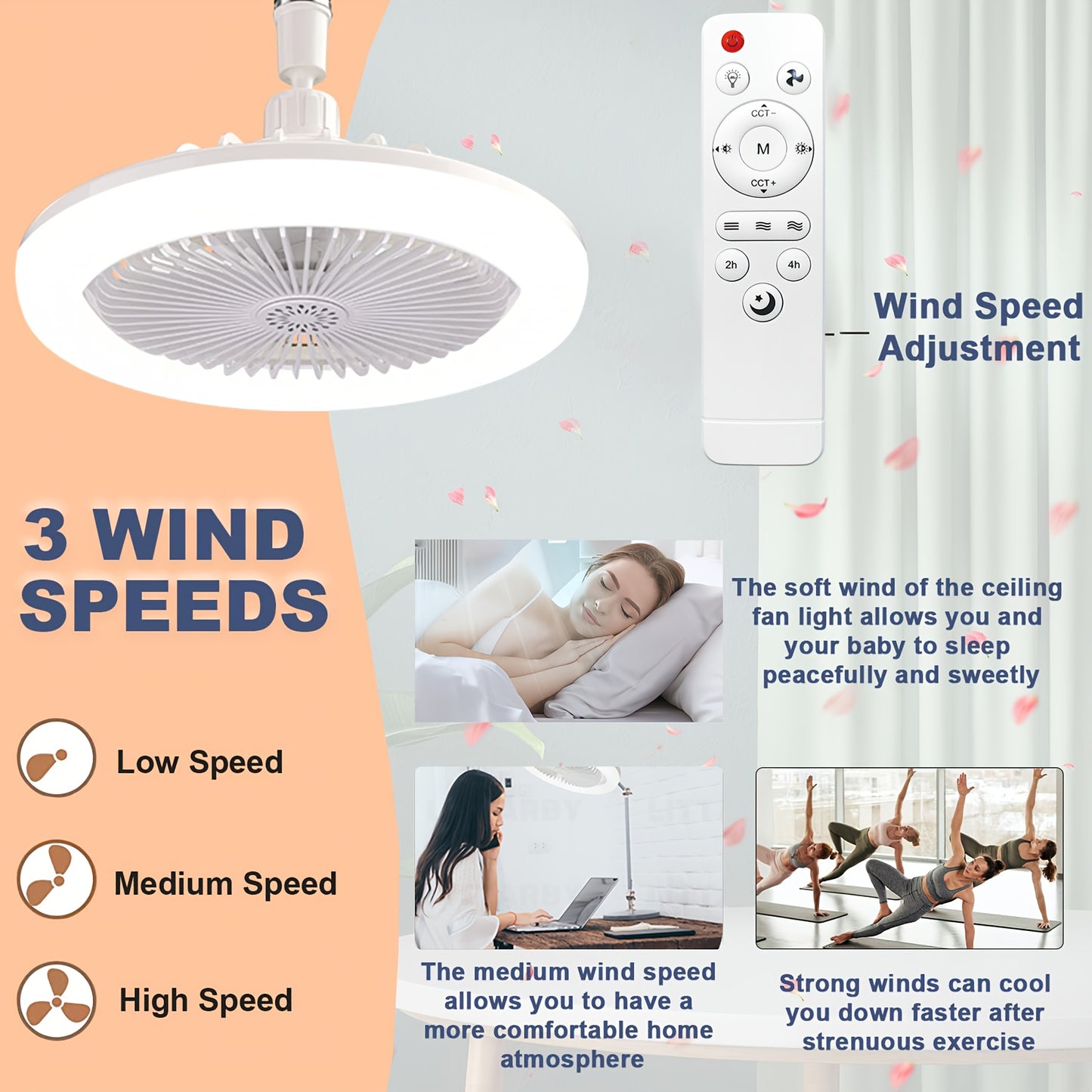 50W 25.4cm LED Smart Ceiling Fan Light with Remote Control, Color Changing and Dimming Features, 2In1 360 degrees Ceiling Fan with Light | E26/27 Socket, Dual Function Cooling and Lighting, Timing, Suitable for for Bedroom, k