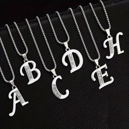 Stainless Steel Hip Hop Initial Necklace, Glass Embedded Alphabet Pendant, Daily Occasion Jewelry, Ideal Graduation Gift, All-Season Accessory, Perfect for Halloween, Daily Wear Jewelry|Hip Hop Style|Glass Embedded Lette
