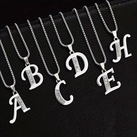 Stainless Steel Hip Hop Initial Necklace, Glass Embedded Alphabet Pendant, Daily Occasion Jewelry, Ideal Graduation Gift, All-Season Accessory, Perfect for Halloween, Daily Wear Jewelry|Hip Hop Style|Glass Embedded Lette