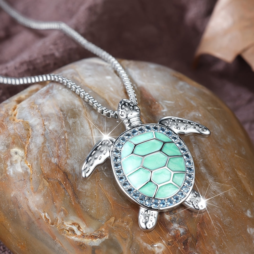 1pc ANGOL Women's Elegant Turtle Pendant Necklace - with Turquoise-like Green Gemstone-like center, Delicate Chain for Birthday, Anniversary, Everyday Jewelry Gift - Year-Round Wearable Necklace for Women, Turtle Jewelry, Spa