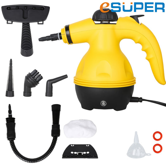 ESUPER Handheld Pressurized Steam Cleaner - 600W 220-240V Multi-Surface Steamer with 3 Brush Heads, 2 Nozzles & 2 Attachments for Home, Car, Upholstery, Grout - Ergonomic Design, Durable ABS Resin, European Plug, 350ml Capaci