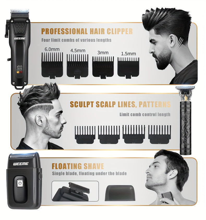 WEEME 3pcs Premium Men's Grooming Set Professional Hair Clipper Kit with Cordless Shaver Beard Trimmer LCD Display & USB Fast Charge Ideal Gift for Father's Day/Birthday/Anniversary (for Dad/Husband/Groom)