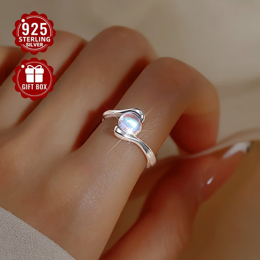 1pc Women's Wedding Ring, S925 Sterling Silvery Minimalist Oval Moonstone Geometric Spiral Open Adjustable Index Finger Ring for Daily Wear, Parties & Gifts – Perfect Surprise for Friends Loved Ones