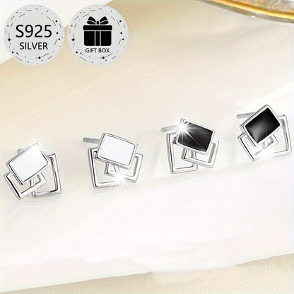 2-Pack Boho Sexy 925 Sterling Silver Square Stud Earrings with Resin Inlay, Lightweight 0.9g, Daily & Gift Occasion, All-Season Jewelry with Gift Box