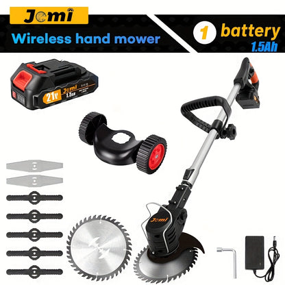 Cordless handheld electric grass trimmer with battery power and auxiliary wheels, multifunctional 3-in-1 grass trimmer pruning tool, used for garden weeding