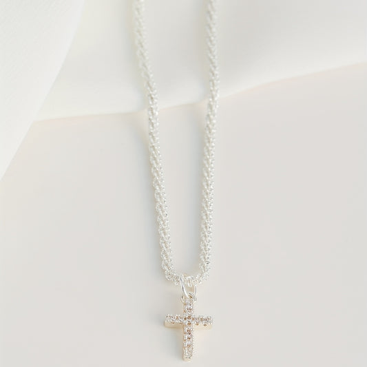 Sparkling Double-Layer Religious Faith Jesus Copper-Inlaid Synthetic Zirconia Cross Pendant Necklace for Women