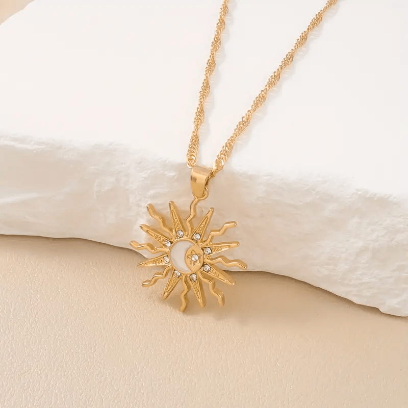 1pc Boho-Chic Celestial Charm Necklace for Women - Adjustable Sun, Moon & Star Pendant, Golden-Tone Alloy with Rhinestone Accents - Ideal for Daily Wear & Vacation