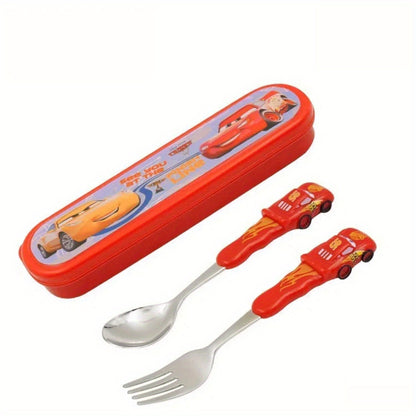 3pcs/set Cars Lightning McQueen Stainless Steel Fork And Spoon Set with Box, Portable Reusable Tableware, Kawaii Home And Outdoor School Supplies, Camping Accessories Christmas Birthday Gift