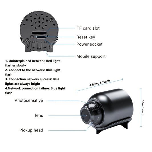 Compact security smart WiFi camera, anti-theft camera, supports 2.4g WiFi band, not High Quality, with remote application, you can view the video at any time, support motion detection, alert push, ideal for home assistant