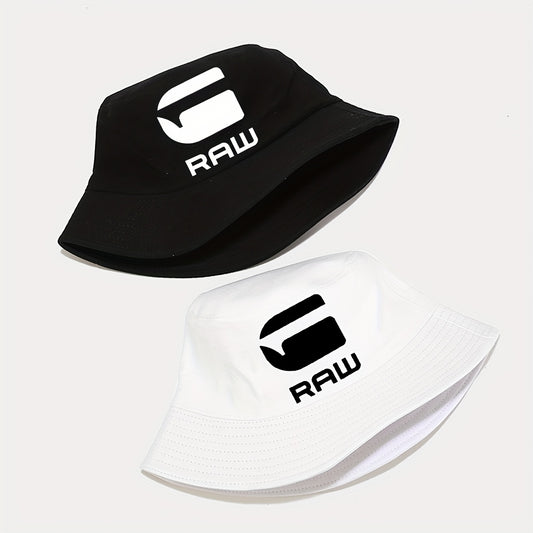 ATHACER Fashionable "RAW" Printed Fisherman Hat - Black with White Logo, Sun Shade Cap for Outdoor Activities, Travel, and Parties, Hand Washable Polyester, Perfect Gift for Birthdays and Holidays, Outdoor Headwear | Stylish