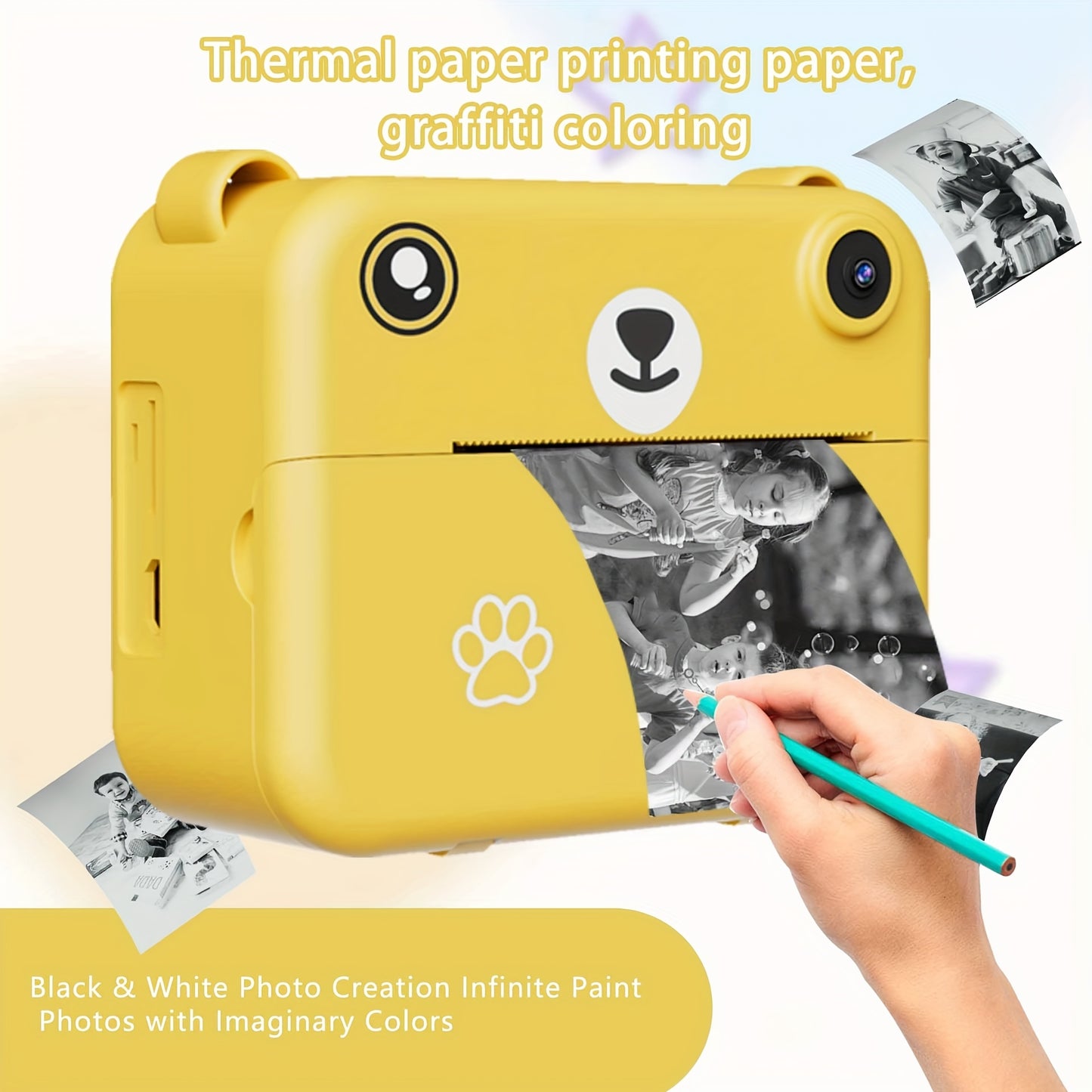 Kids Camera, Instant Print Digital Camera - 1500mAh Rechargeable Battery, Flash, Music, Games, Delayed Printing (10s/5s/3s), USB Charging