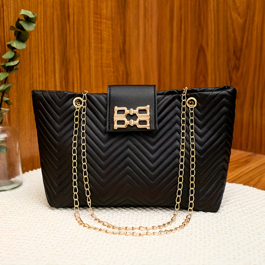 's Closure Crossbody Bag with Golden-Tone Hardware - Glossy Button & Golden-Tone Hardware, Golden-Tone Hardware & Strap, Structured Rectangular Handbag with Top Handle & Chain Strap - Lightweight Durable Design for Daily Comm