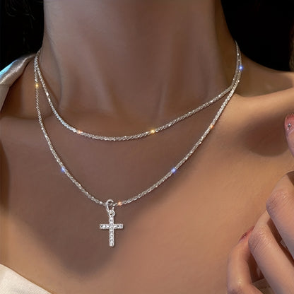 Sparkling Double-Layer Religious Faith Jesus Copper-Inlaid Synthetic Zirconia Cross Pendant Necklace for Women