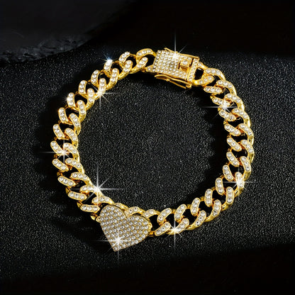 1pc Iced-Out Rhinestone Heart Anklet - Luxurious Golden Cuban Link Chain with Sparkling Stones for Women, Perfect for Casual Attire or Parties, Party Accessories | Heart Charm Anklet | Highquality Jewelry, Heart Jewelry