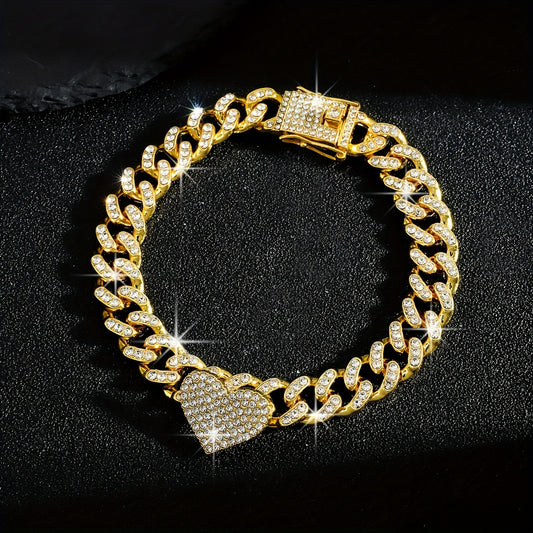 1pc Iced-Out Rhinestone Heart Anklet - Luxurious Golden Cuban Link Chain with Sparkling Stones for Women, Perfect for Casual Attire or Parties, Party Accessories | Heart Charm Anklet | Highquality Jewelry, Heart Jewelry