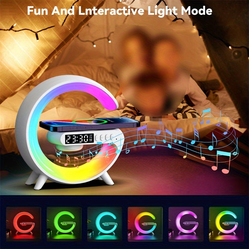 Wireless Speaker Rhythm RGB Light Bar Smart Light Sunrise Alarm Clock Wake Up Light Alarm for Bedroom Dimmable Table Lamp with Fast Wireless Charger Alarm for Heavy Sleeping Adults Bedroom, Dorm, Gift