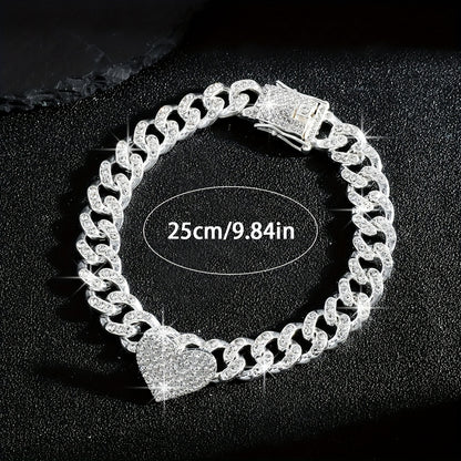 1pc Iced-Out Rhinestone Heart Anklet - Luxurious Golden Cuban Link Chain with Sparkling Stones for Women, Perfect for Casual Attire or Parties, Party Accessories | Heart Charm Anklet | Highquality Jewelry, Heart Jewelry