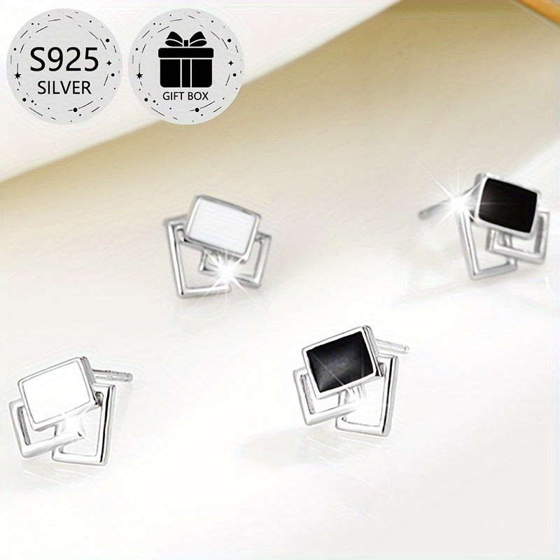 2-Pack Boho Sexy 925 Sterling Silver Square Stud Earrings with Resin Inlay, Lightweight 0.9g, Daily & Gift Occasion, All-Season Jewelry with Gift Box