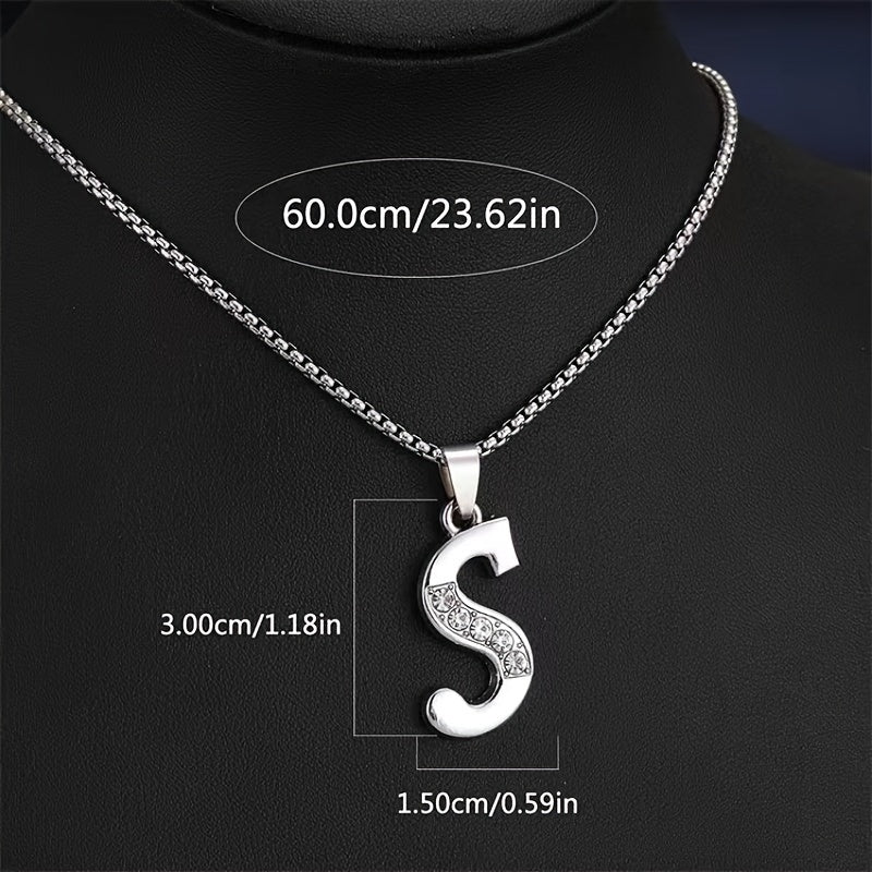 Stainless Steel Hip Hop Initial Necklace, Glass Embedded Alphabet Pendant, Daily Occasion Jewelry, Ideal Graduation Gift, All-Season Accessory, Perfect for Halloween, Daily Wear Jewelry|Hip Hop Style|Glass Embedded Lette