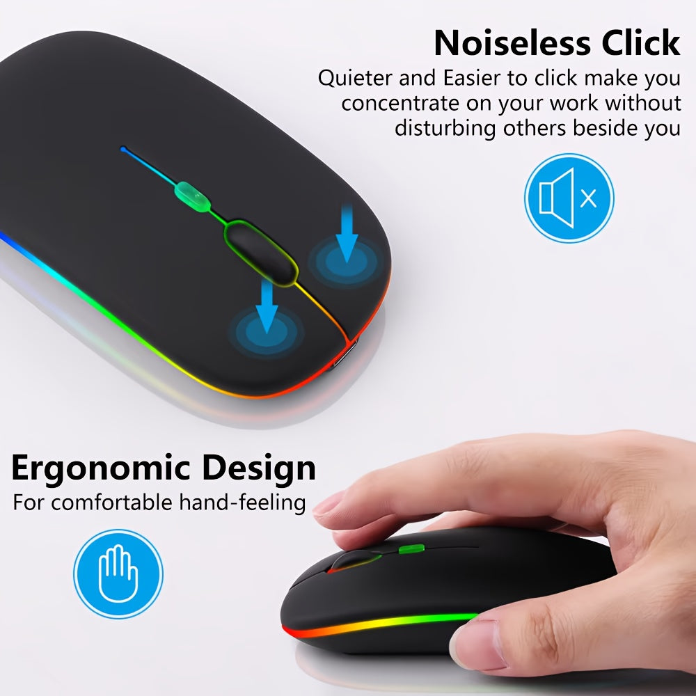 Rechargeable Wireless Mouse, LED Light Up Wireless Mouse, Portable Ergonomic Computer Wireless Mouse with 2.4G/5.0 Dual Mode Switching, Silent Button