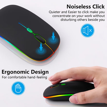 Rechargeable Wireless Mouse, LED Light Up Wireless Mouse, Portable Ergonomic Computer Wireless Mouse with 2.4G/5.0 Dual Mode Switching, Silent Button