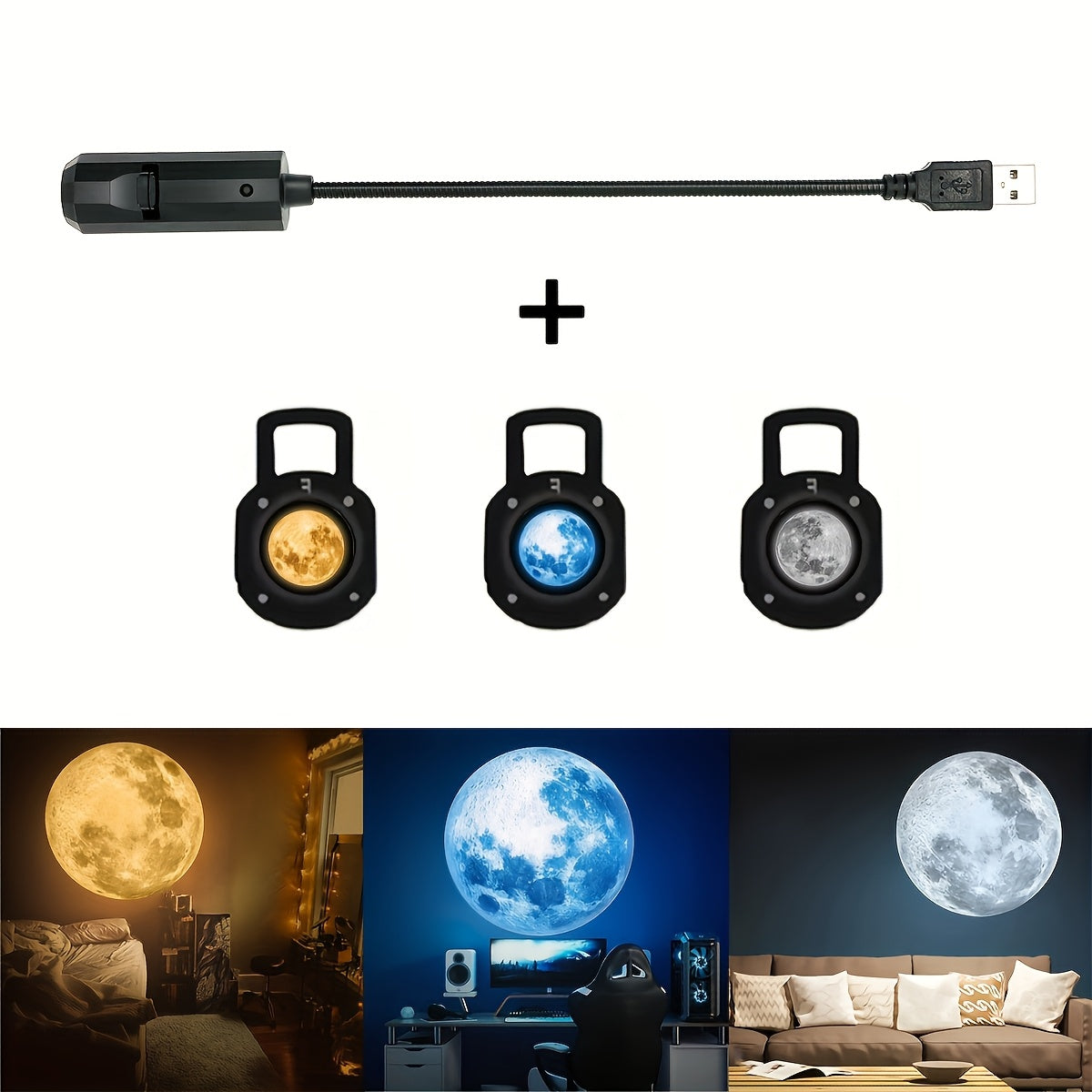 1pc Light + 3pcs Moon Light Plug in Yellow, White, Blue. USB Interface Plug In, Portable LED Projection Light Bedroom Ceiling Photo Background, 360° Rotatable USB Lamp Light Decoration for Ceiling Decoration, Proposal Weddin