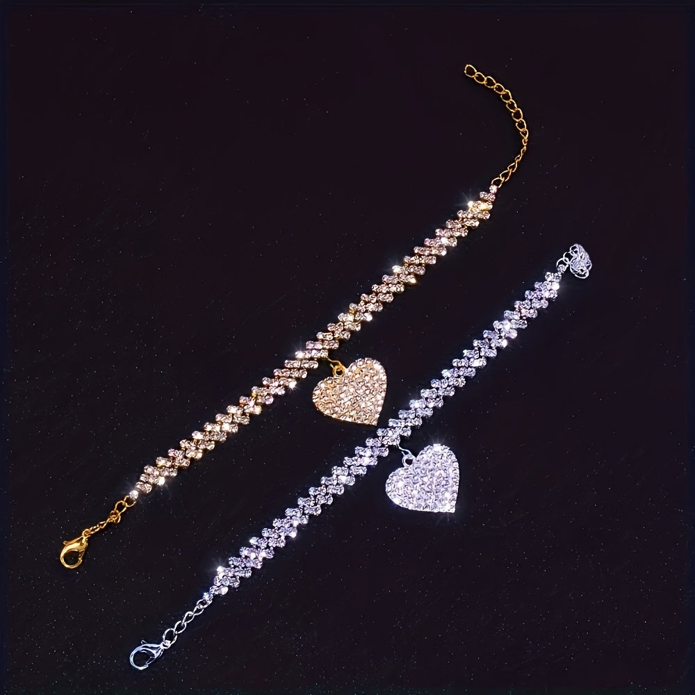 Luxurious Rhinestone Heart Pendant Bracelet for Women - Elegant Copper Fashion Accessory, Perfect Gift