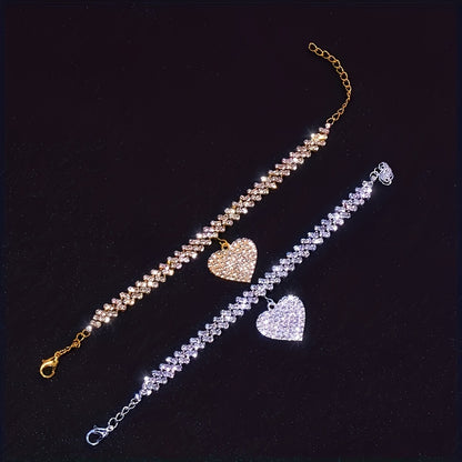 Luxurious Rhinestone Heart Pendant Bracelet for Women - Elegant Copper Fashion Accessory, Perfect Gift