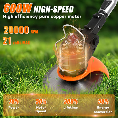 Cordless handheld electric grass trimmer with battery power and auxiliary wheels, multifunctional 3-in-1 grass trimmer pruning tool, used for garden weeding