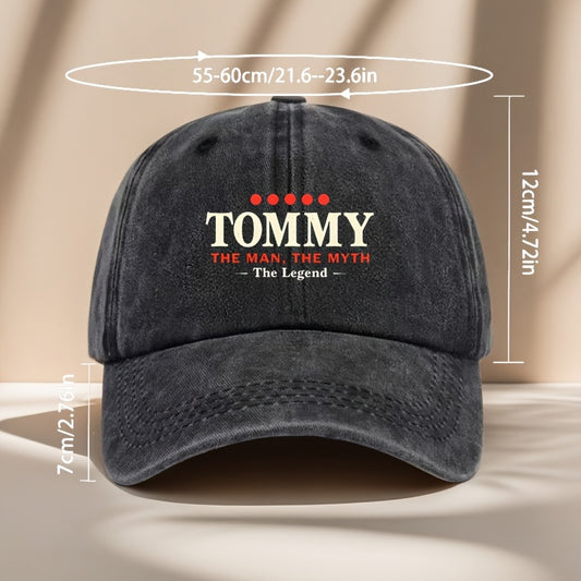 Adjustable Baseball Cap - "Tommy The for Man The Myth The Legend" Print, Vintage Style, Ideal for Outdoor Travel, Camping, Parties, and Hip-Hop Fashion, Black with Red & White Logo, Polyester Material, Camping