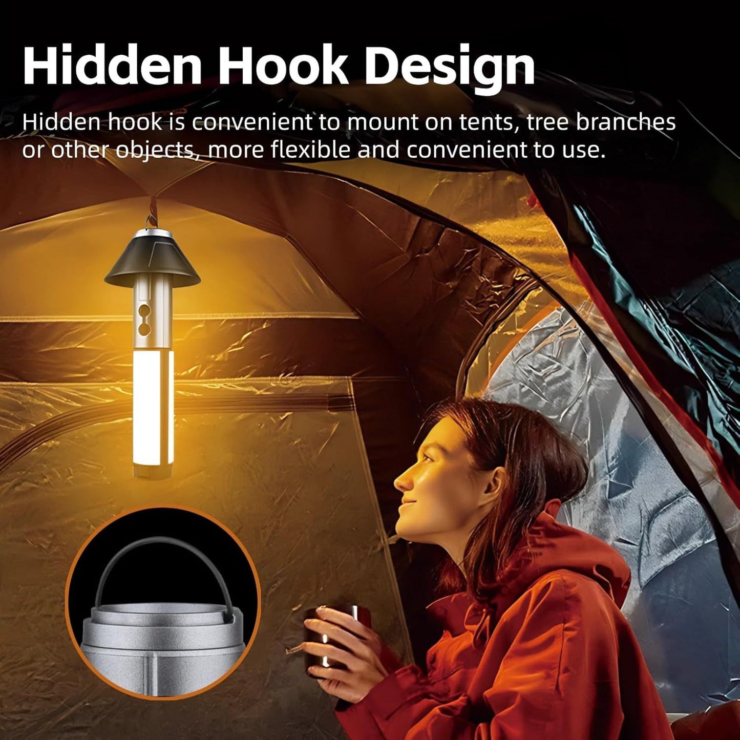 2-in-1 Retractable LED Camping Light, 3000 mAh Rechargeable Retractable Camping Light with USB Rechargeable Battery, 5 Lighting Modes, LED Flashlight, 270° Adjustable, 4 Height Adjustments, Hanging and Standing, Hidden Hook