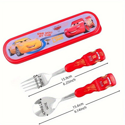 3pcs/set Cars Lightning McQueen Stainless Steel Fork And Spoon Set with Box, Portable Reusable Tableware, Kawaii Home And Outdoor School Supplies, Camping Accessories Christmas Birthday Gift