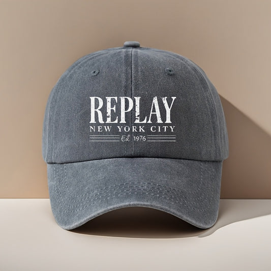 Vintage Washed Baseball Cap with "REPLAY NEW YORK CITY EST. 44.86m" Print - Adjustable Unisex Six-Panel Design, Perfect for Golf, Outdoor & Casual Wear - Distressed Retro Style Sun Hat, Essential Vacation Accessory, Urban Fas