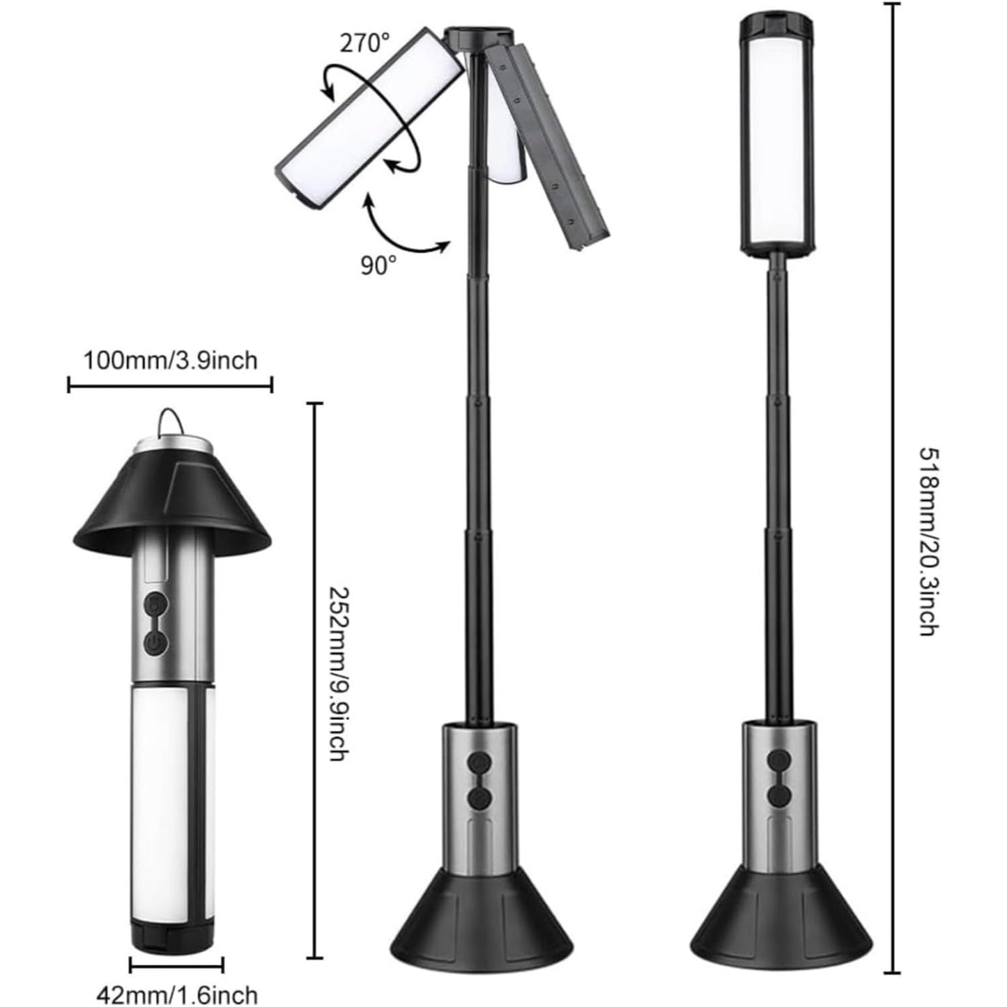 2-in-1 Retractable LED Camping Light, 3000 mAh Rechargeable Retractable Camping Light with USB Rechargeable Battery, 5 Lighting Modes, LED Flashlight, 270° Adjustable, 4 Height Adjustments, Hanging and Standing, Hidden Hook