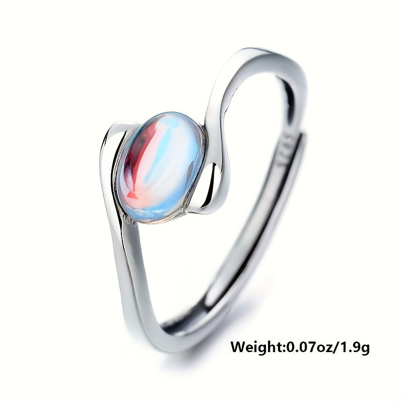 1pc Women's Wedding Ring, S925 Sterling Silvery Minimalist Oval Moonstone Geometric Spiral Open Adjustable Index Finger Ring for Daily Wear, Parties & Gifts – Perfect Surprise for Friends Loved Ones