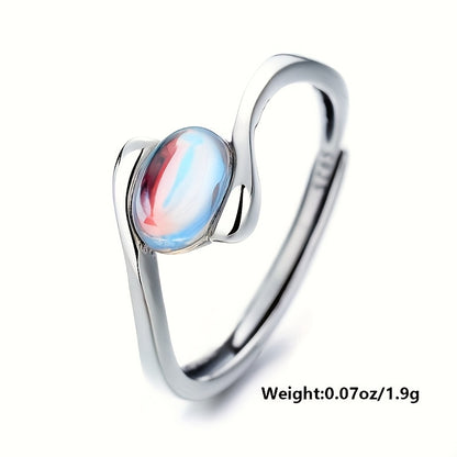 1pc Women's Wedding Ring, S925 Sterling Silvery Minimalist Oval Moonstone Geometric Spiral Open Adjustable Index Finger Ring for Daily Wear, Parties & Gifts – Perfect Surprise for Friends Loved Ones