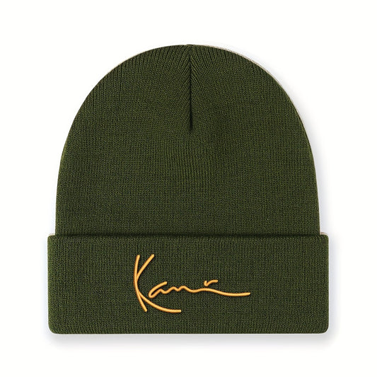 1pc Karl Kani Vintage Beanie Hat - Stretch Knit Winter Cap with Bold Orange 'Kani', Black Unisex Foldable Cold Weather Hat for Men & Women, Machine Washable for Everyday & Formal Outfits, Outdoor Headwear, Embroidered Headgea