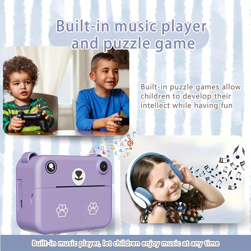 Kids Camera, Instant Print Digital Camera - 1500mAh Rechargeable Battery, Flash, Music, Games, Delayed Printing (10s/5s/3s), USB Charging