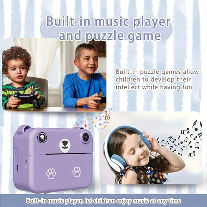 Kids Camera, Instant Print Digital Camera - 1500mAh Rechargeable Battery, Flash, Music, Games, Delayed Printing (10s/5s/3s), USB Charging