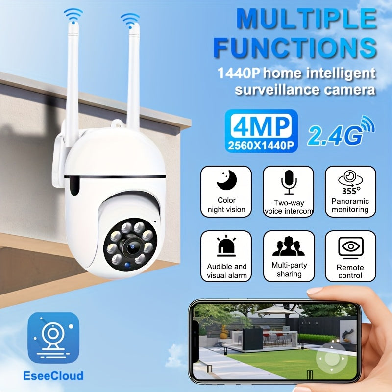 A 1440P Wi-Fi Smart Home Security Camera - 355° Pan-Tilt-Zoom, Color Night Vision, Two-Way Audio, Pet Motion Tracking, Indoor/Outdoor, Wireless, Motion Detection, Real-Time App Viewing, Two-Way Communication - Easy to Instal