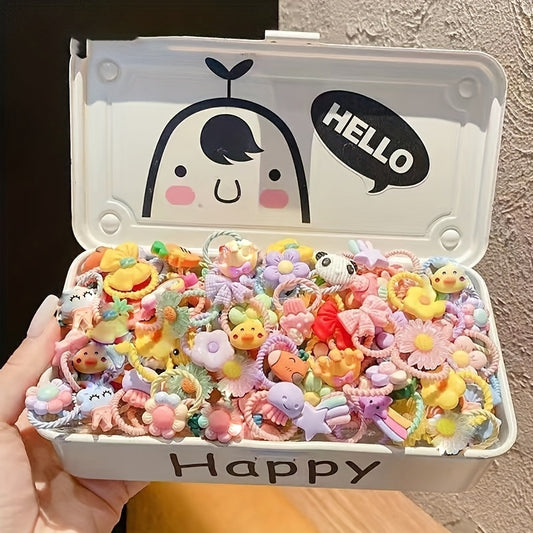 50pcs Girls' Hair Accessories Set - Cartoon Animal & Floral Decorative Headbands, Bohemian Style Plastic Hair Ties with "Hello" & "Happy" Text, Hair Accessories for Girls, Bead For Jewelry Making, Hair Accessory For Girl, Hai