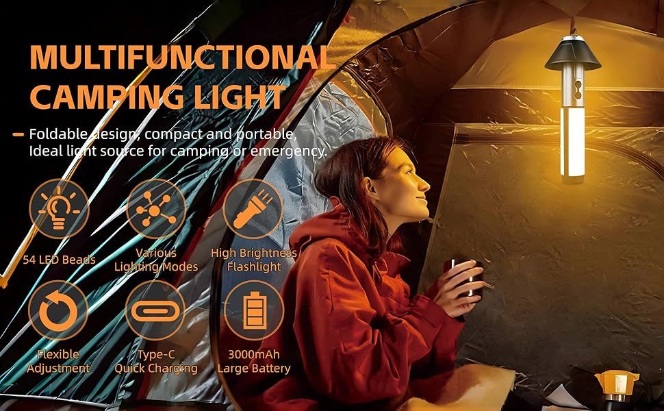 2-in-1 Retractable LED Camping Light, 3000 mAh Rechargeable Retractable Camping Light with USB Rechargeable Battery, 5 Lighting Modes, LED Flashlight, 270° Adjustable, 4 Height Adjustments, Hanging and Standing, Hidden Hook