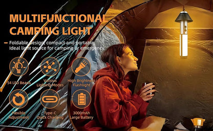2-in-1 Retractable LED Camping Light, 3000 mAh Rechargeable Retractable Camping Light with USB Rechargeable Battery, 5 Lighting Modes, LED Flashlight, 270° Adjustable, 4 Height Adjustments, Hanging and Standing, Hidden Hook