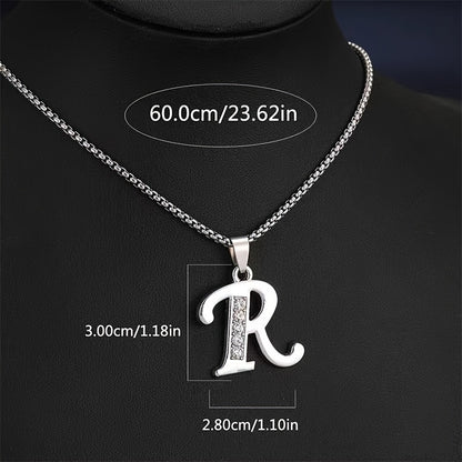 Stainless Steel Hip Hop Initial Necklace, Glass Embedded Alphabet Pendant, Daily Occasion Jewelry, Ideal Graduation Gift, All-Season Accessory, Perfect for Halloween, Daily Wear Jewelry|Hip Hop Style|Glass Embedded Lette