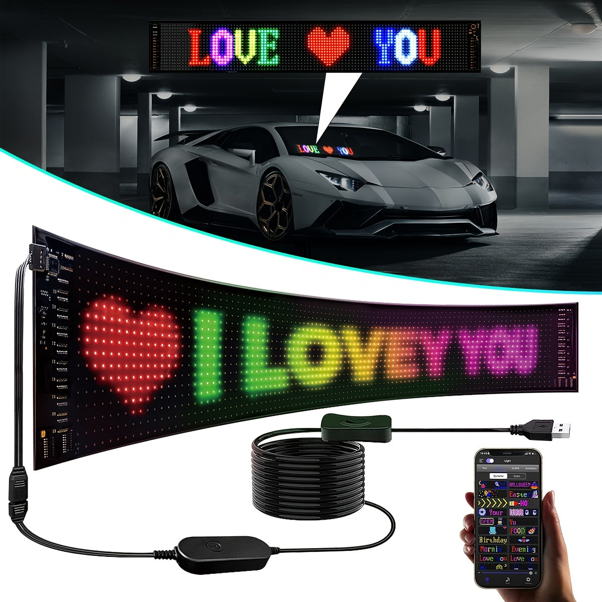 Programmable LED Sign Light with APP & USB Control, Text/Scrolling Messages, Dimmable Brightness, Wireless Smart - Flexible Matrix Panel for Garage, Car Dealership, Store, Home, Valentine's/Christmas Decorations - USB-Powered